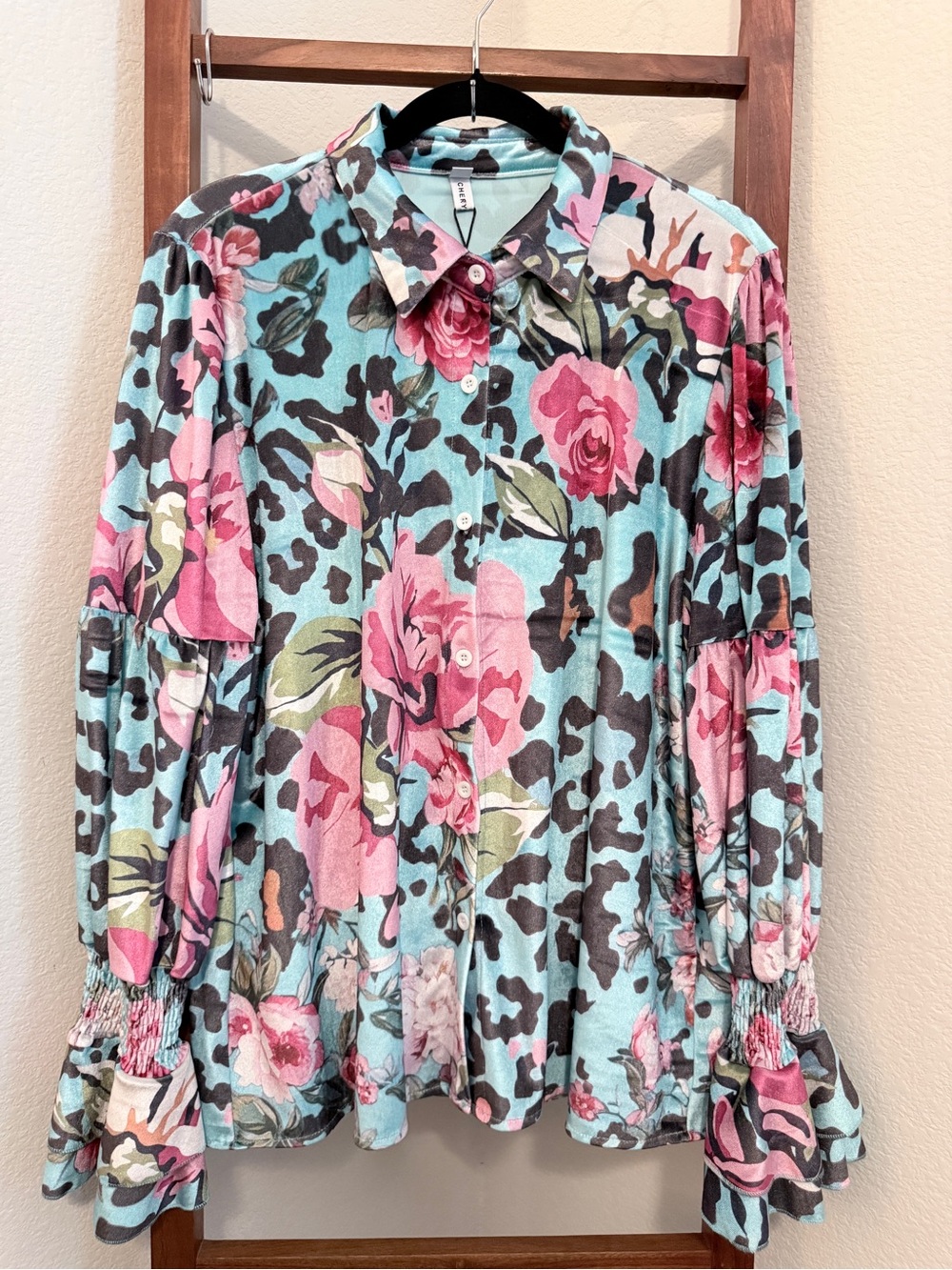 CHERRYBETTY Leopard Floral Print Button Up Velvet Western Boho Blouse Size Large